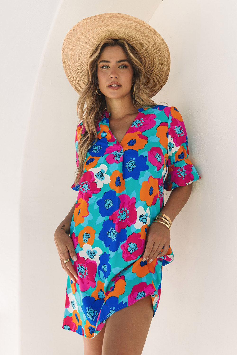 Multicolor split v kragen ruffle sleeve floral shift dress