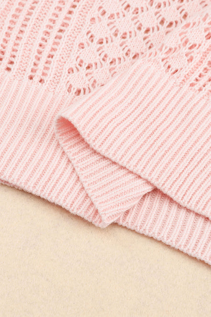 Pinker pullover mit geripptem v-ausschnitt aus lockerem pointelle-strick