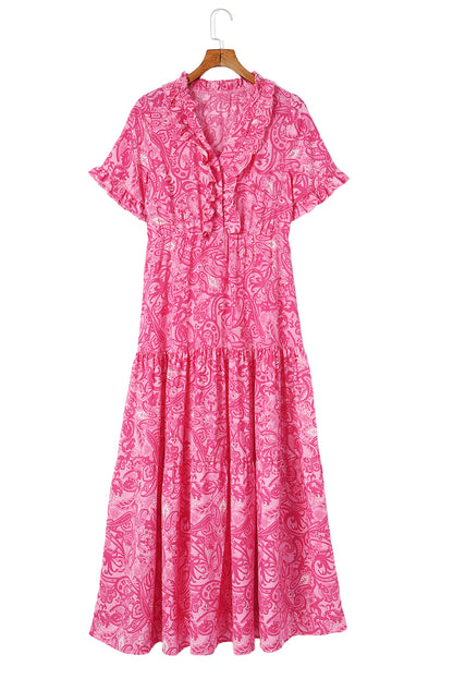 Rosa paisley print boho holiday ruffle tiered maxikleid