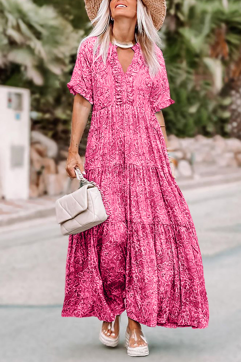 Rosa paisley print boho holiday ruffle tiered maxikleid