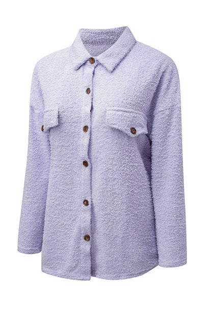 Lila plüsch button down pocketed shirt jacke