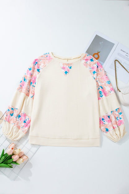 Aprikose plus größe floral patchwork gerippte puffärmel top