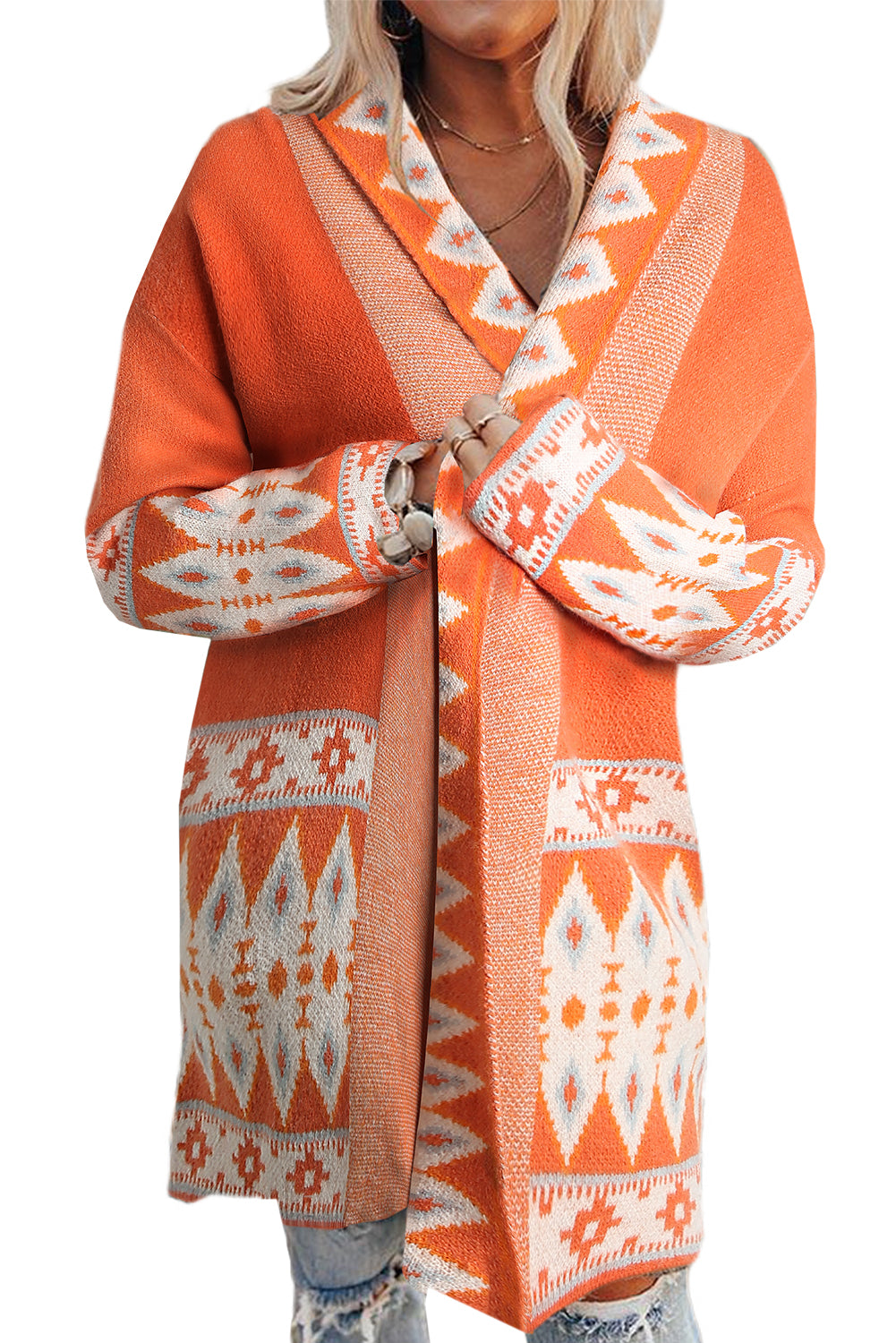 Orange bedruckte azteken-strickjacke mit offener vorderseite