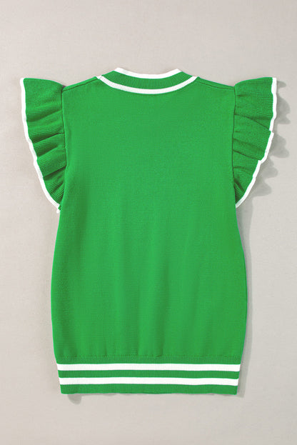 Bright Green Border Piping verzamelde mouwen Circulaire halslijn gebreide T -shirt