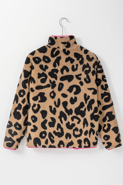 Leopard colorblock tasche reißverschluss fuzzy-fleece-jacke