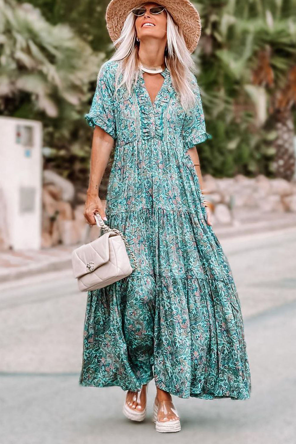 Himmelblaues paisley print boho holiday ruffle tiered maxi dress