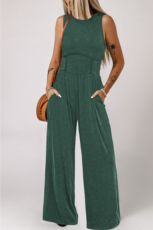 Zwart -Green mouwloze jumpsuit met wide been en geregen taille