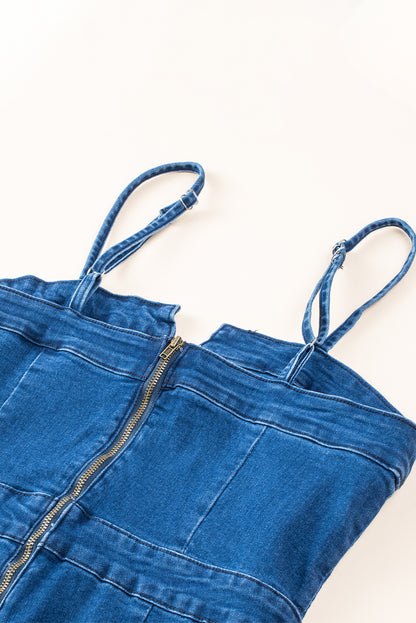 Blauwe spaghetti -band Notch v denim jumpsuit