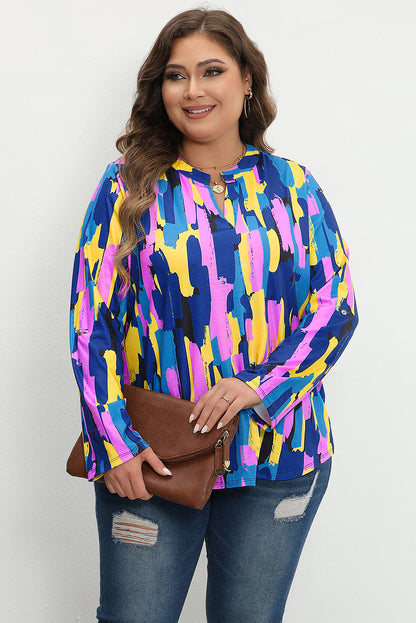 Blaue plus size pinselstrich druck 3/4 ärmel bluse