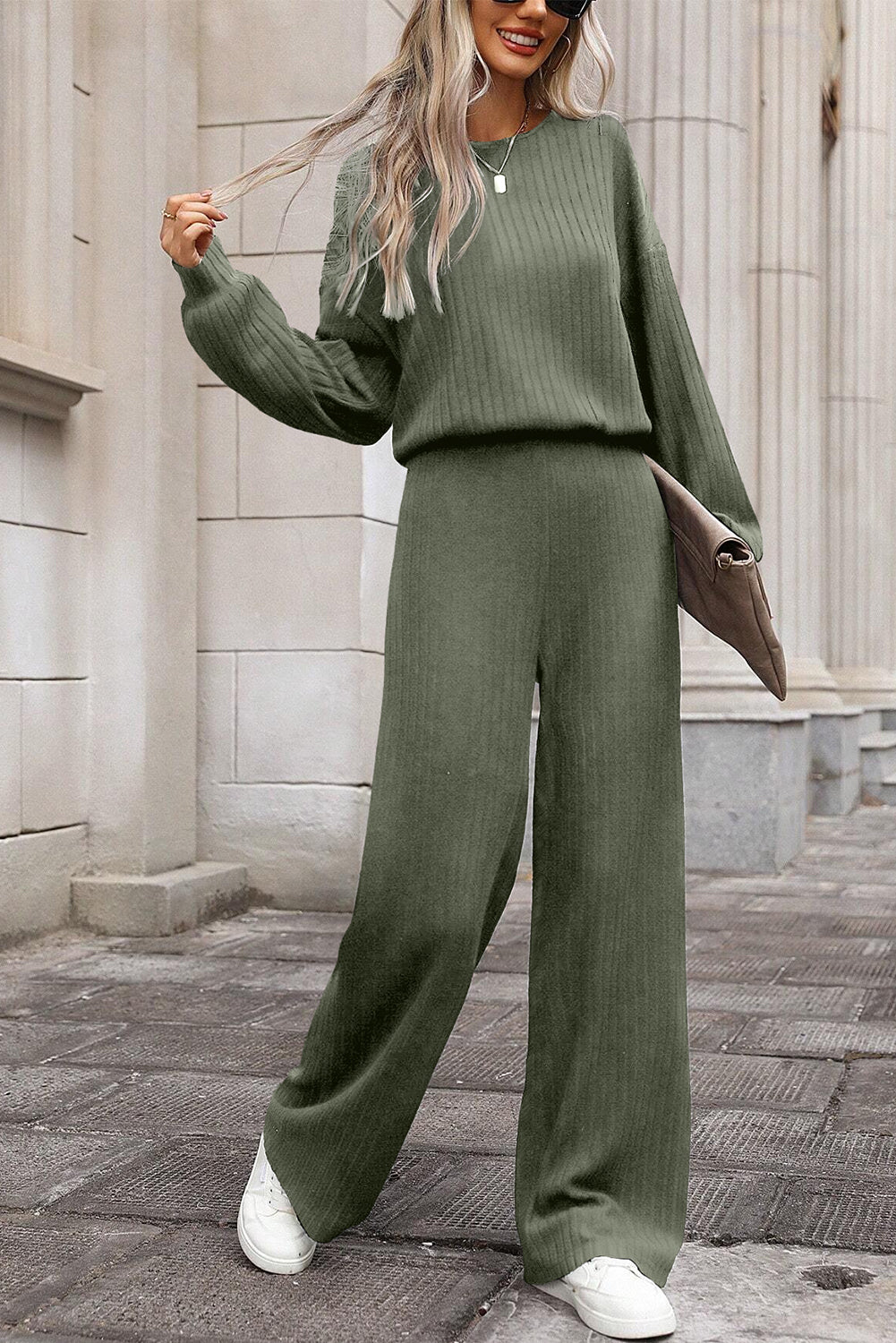 LAUREL GREEN FULL RIB -trim sleutelgat terug hoge taille jumpsuit