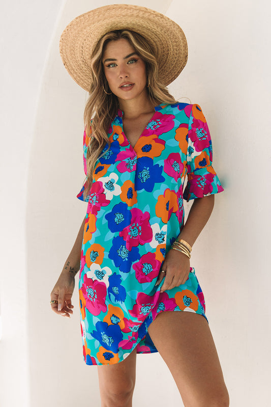 Multicolor split v kragen ruffle sleeve floral shift dress