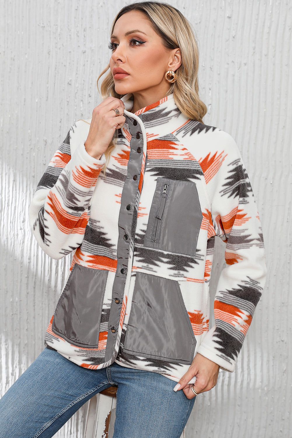 Multi -colored Aztec Fleece Patchwork Jacket met drukknoppen