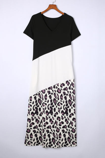 Schwarzer leopard farbe block seite schlitz t shirt maxi kleid