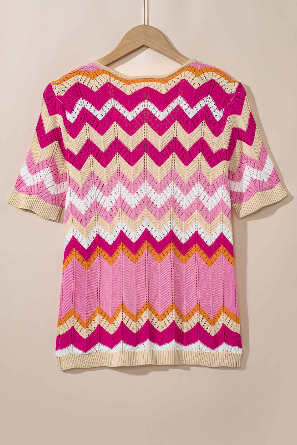 Rosa streifen chevron pointelle stricken v hals kurzarm pullover