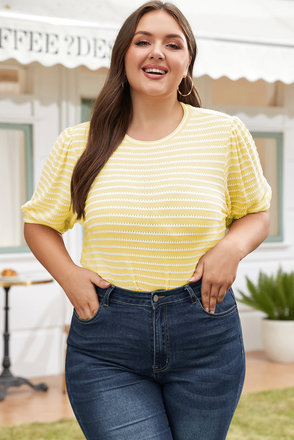 Gelb gestreift kurzer puffärmel plus size pullover