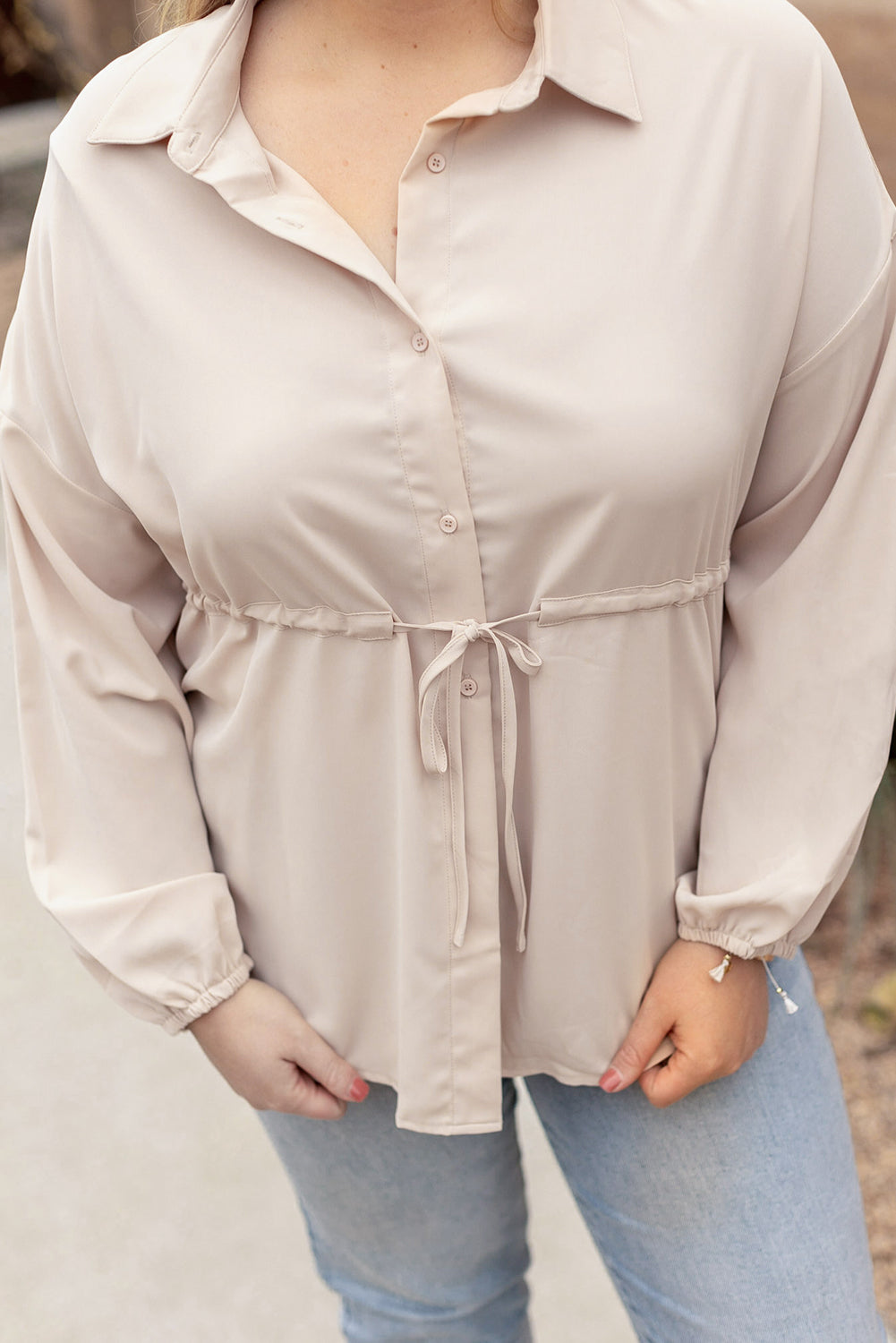 Helles french beige plus size puffärmel gebundenes tunika shirt