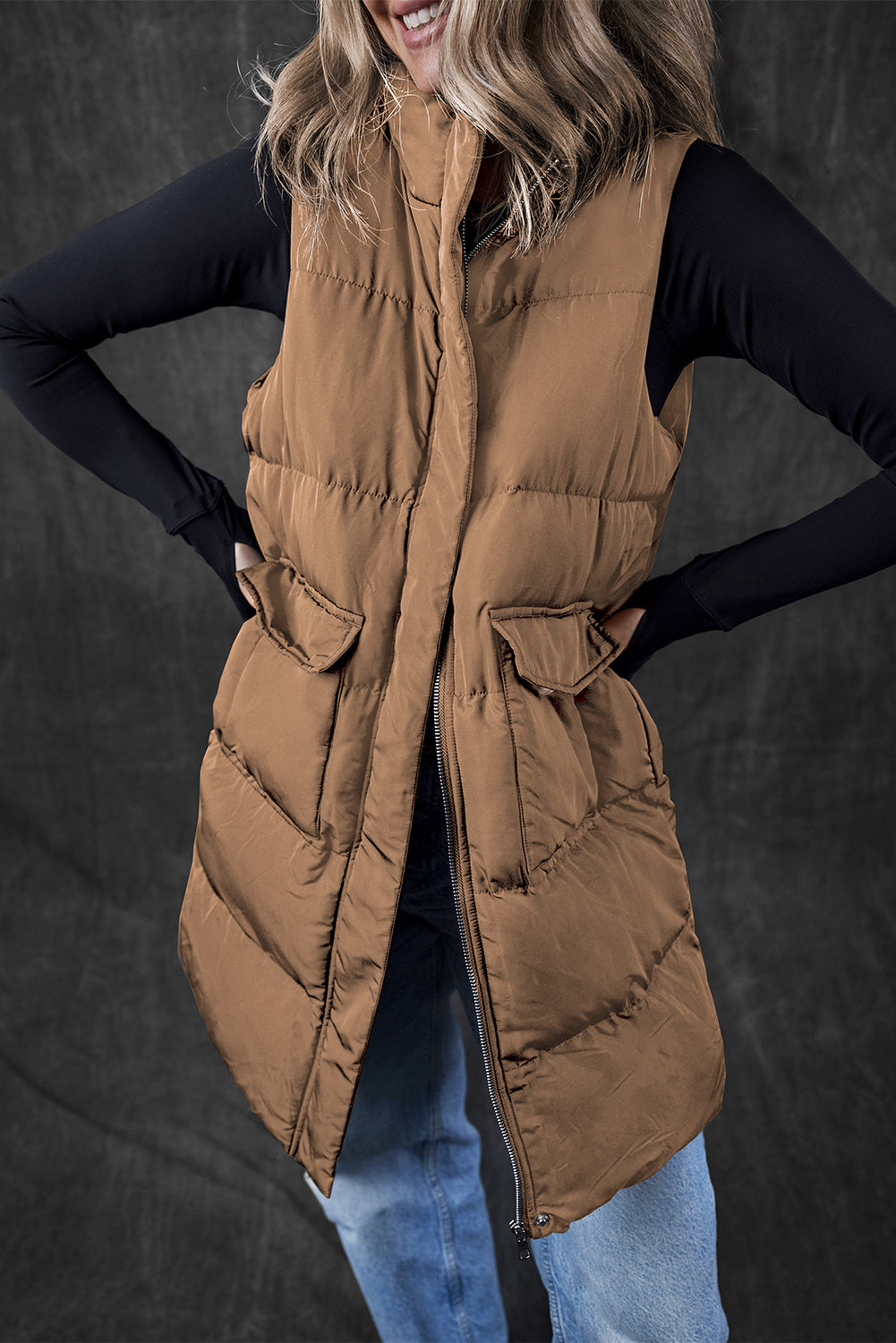 Coffee windproof longline full zipper puffer vest mit taschen