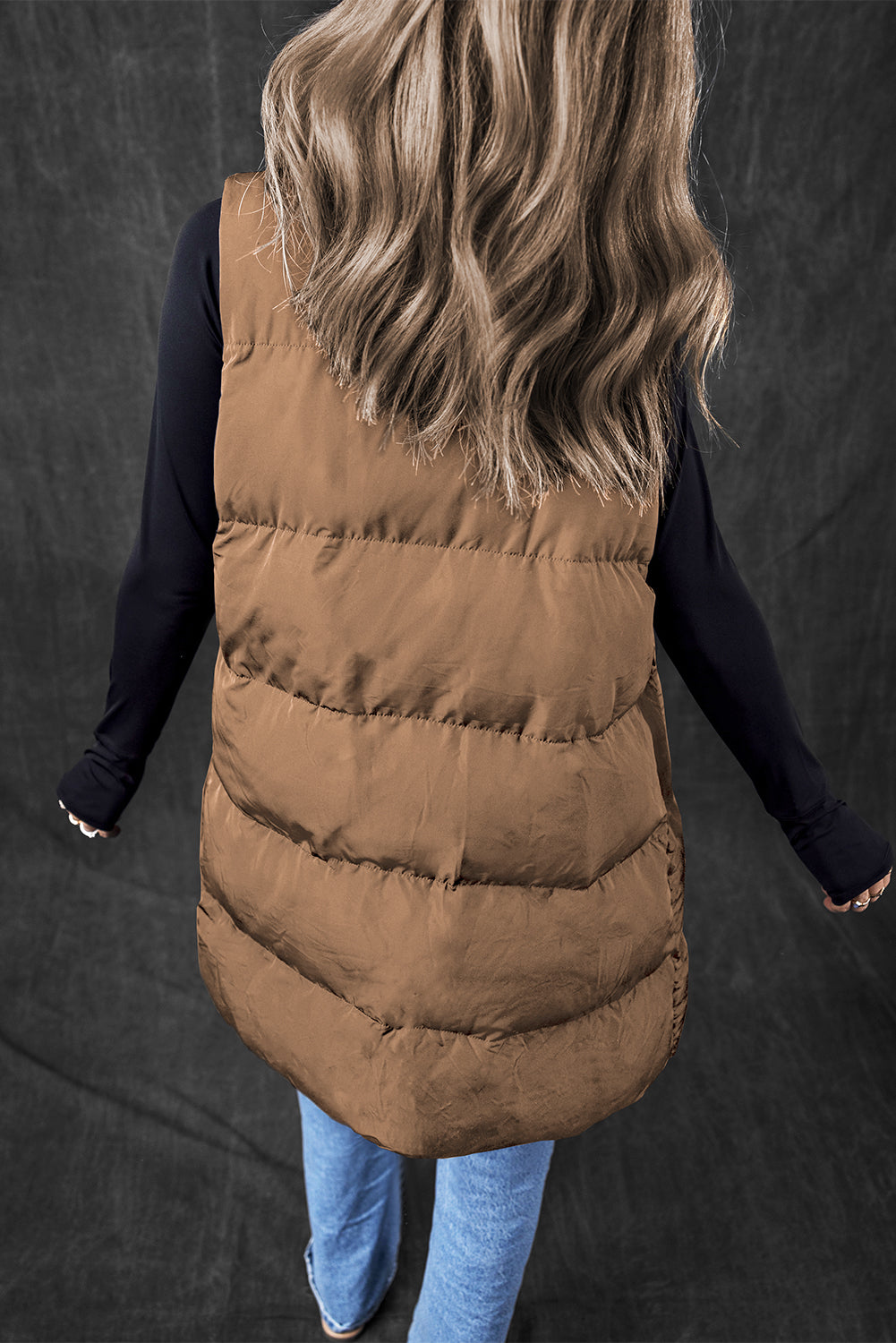 Coffee windproof longline full zipper puffer vest mit taschen