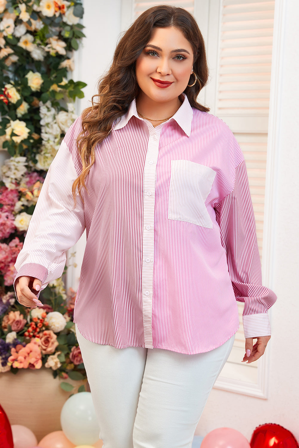 Rosa streifendruck colorblock plus size shirt