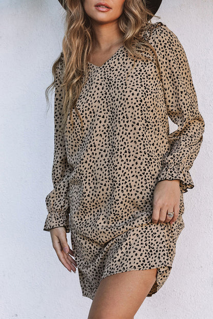 Khaki leopard rüschenbesatz v-ausschnitt kleid