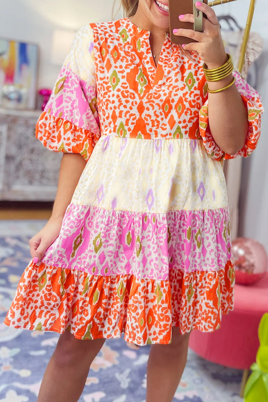 Mehrfarbig boho mixed print half bubble sleeve tiered dress