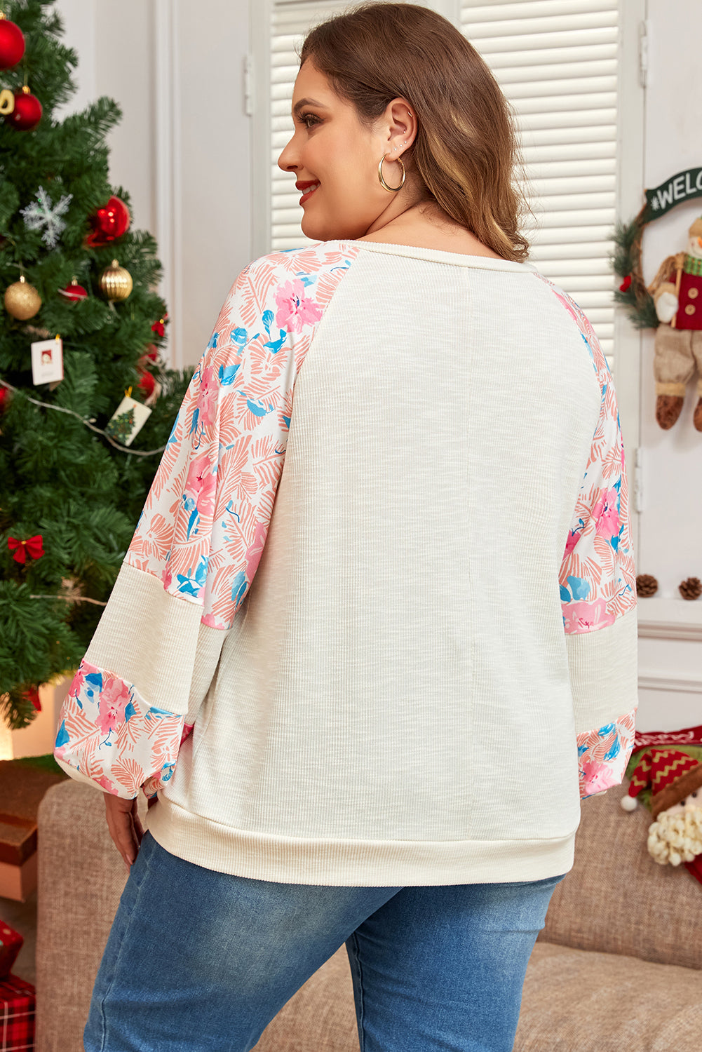 Aprikose plus größe floral patchwork gerippte puffärmel top