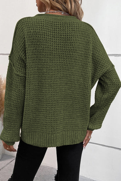 Pickle grüner pointelle strickpullover mit v-ausschnitt und tropfenschulter