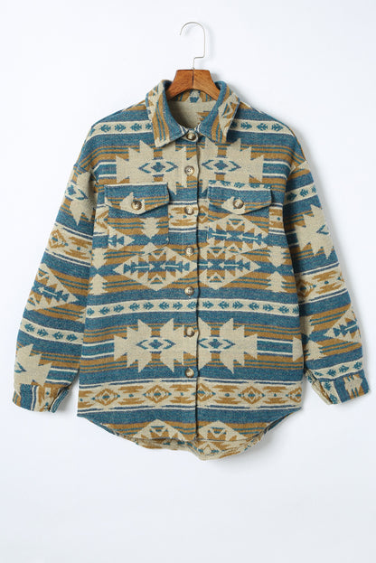 Blaue western aztec print knopfleiste mit klappe tasche jacke