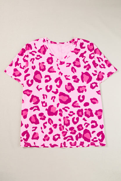 Rose leopard druck v-ausschnitt plus größe tee