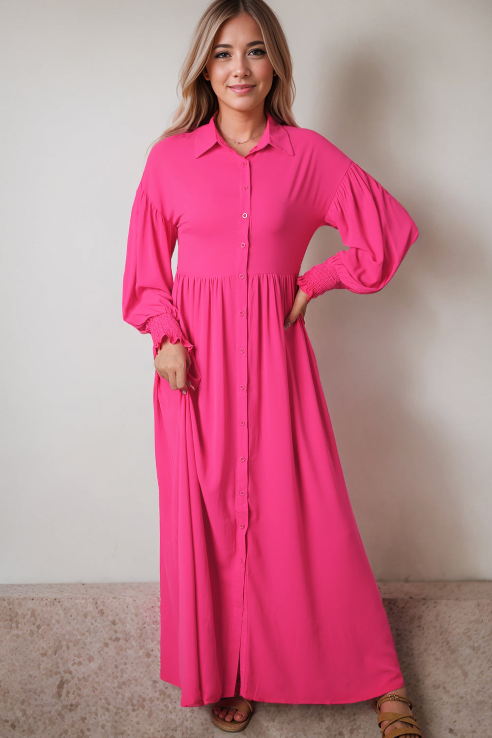 Rose bubble sleeve hemd maxikleid