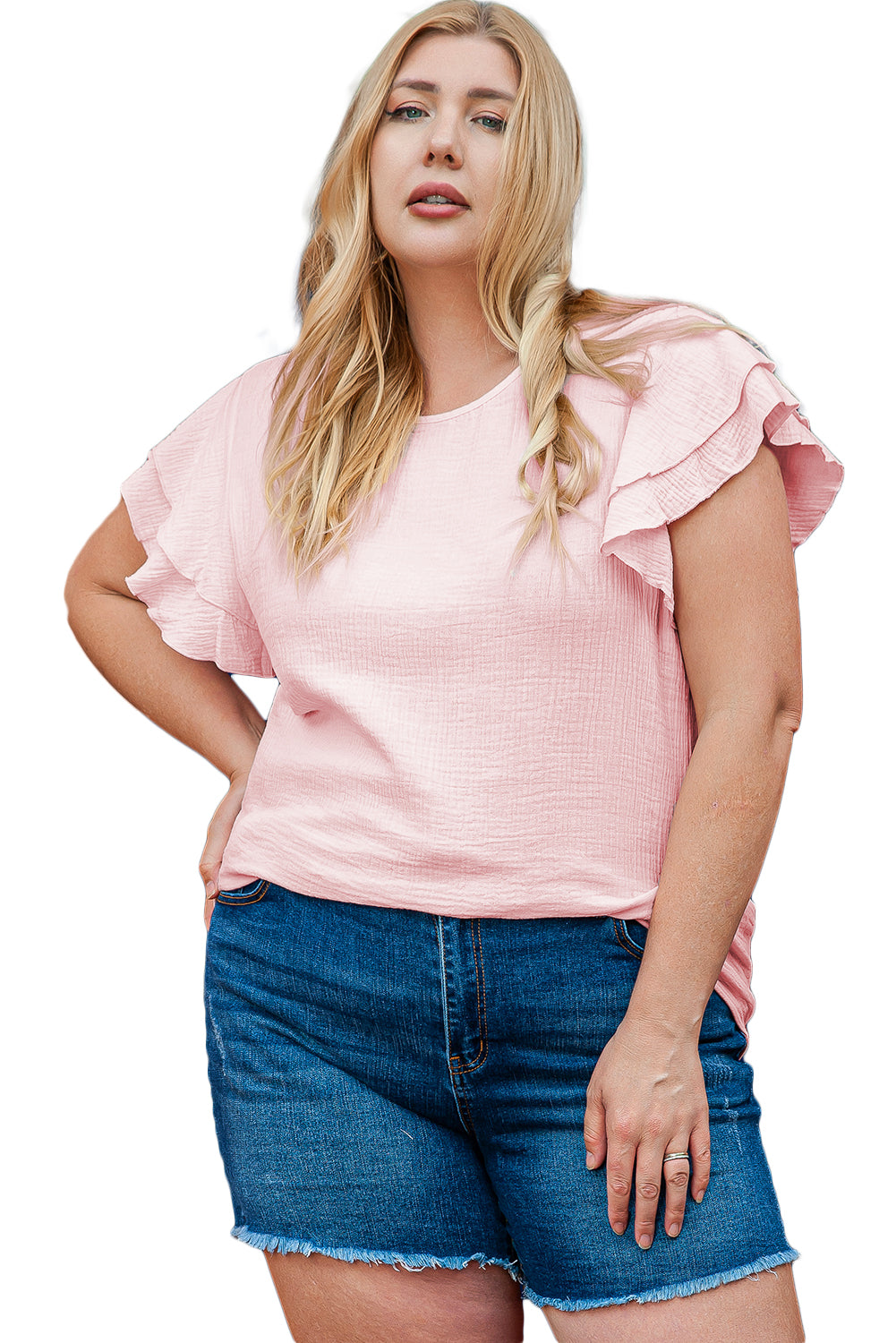 Hellrosa plus size crinkle textured ruffle sleeve top