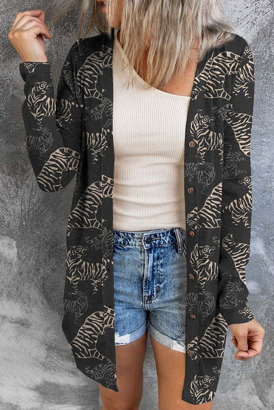 Black Wild Tiger Print Button Placket Cardigan