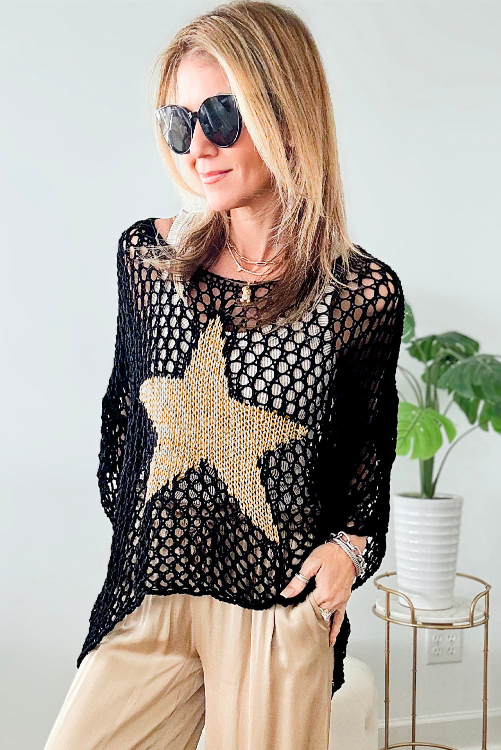 Black Star Graphic Crochet Gebreide zomertrui top