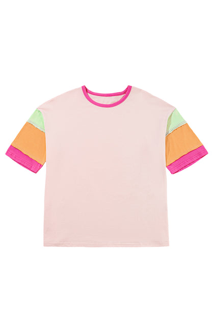 Roze kleurblok naad mouwen ronde hals halslijn oversized top