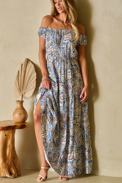 Blue Boho Paisley Print Schouder -Vrije maxi -jurk