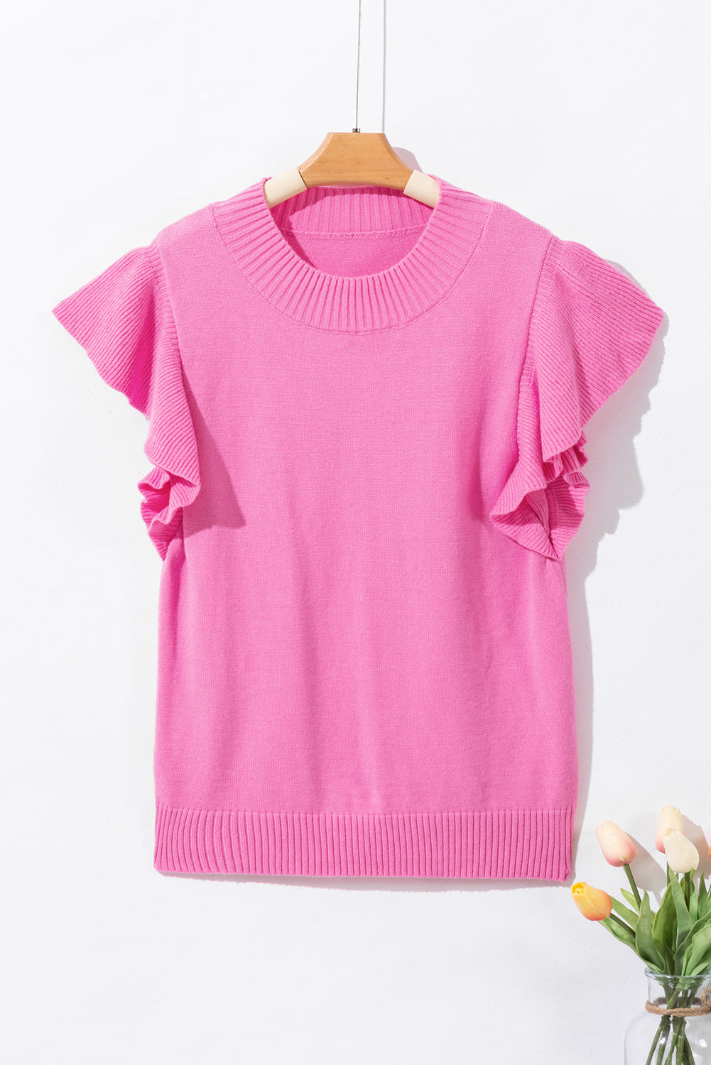 Bonbon geribbel mock neck sweater met korte mouwen en ruches