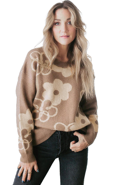 Camel floral drop shoulder pullover mit gerippten abschlüssen