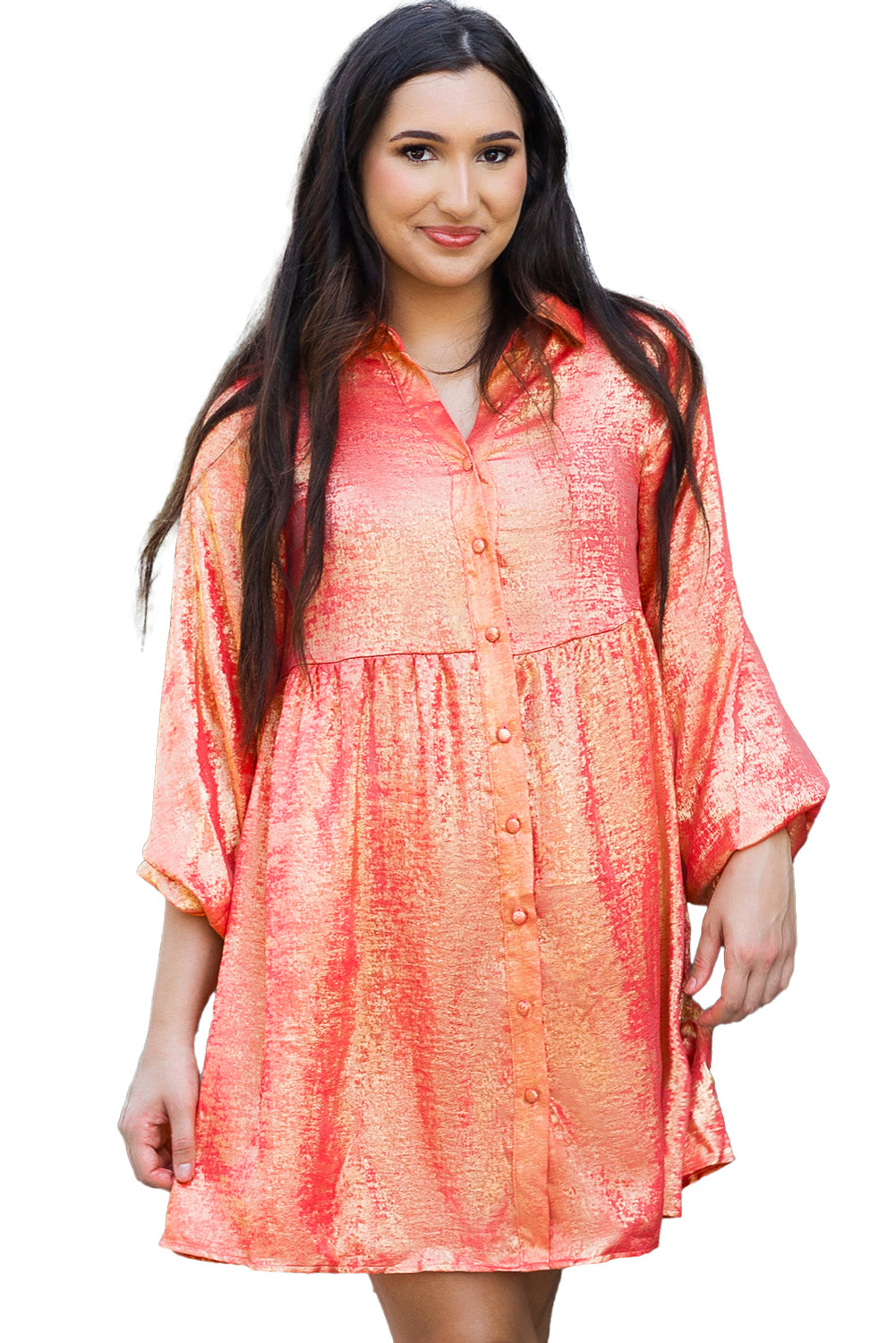 Peach Blossom Metallic Sheen puff mouwen knopen mini -shirtjurk