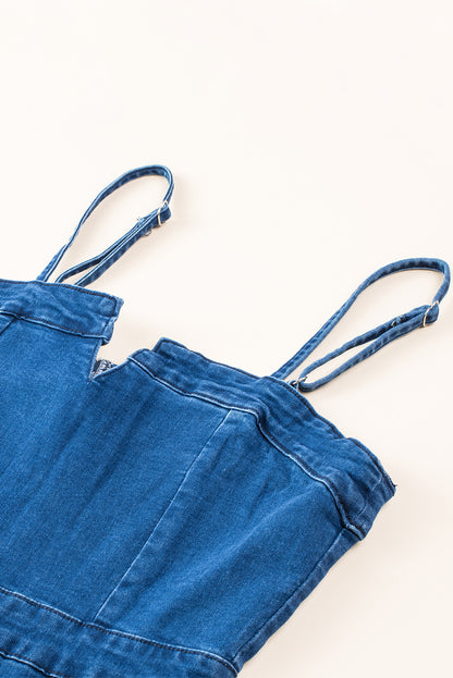 Blauwe spaghetti -band Notch v denim jumpsuit