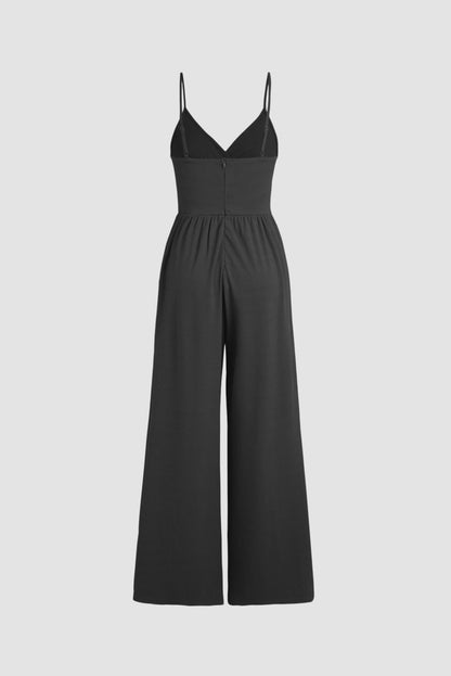 Zwart breedbeen met een hoge taille sexy v-neck cami jumpsuit