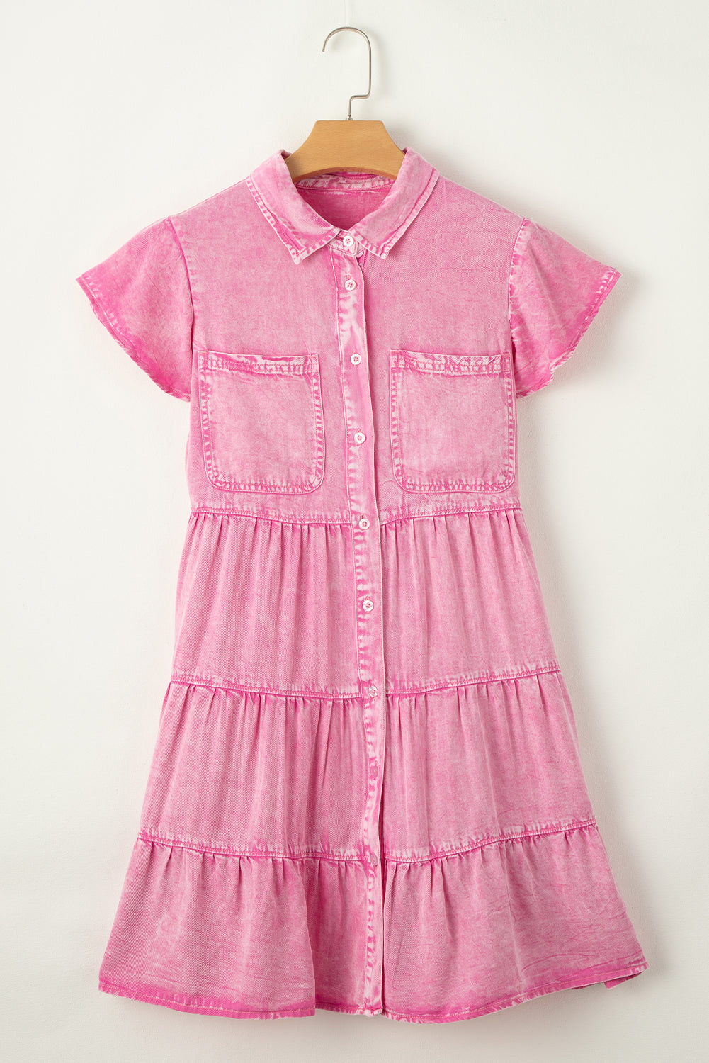 Bonbon mineral washed ruffle sleeve tiered chambray kleid