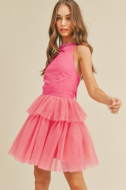 Strawberry pink gauze ruffle tiered knotted halter kleid