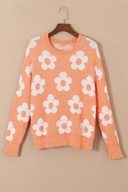 Grapefruit orange fuzzy floral gestrickter pullover mit hängenden schultern