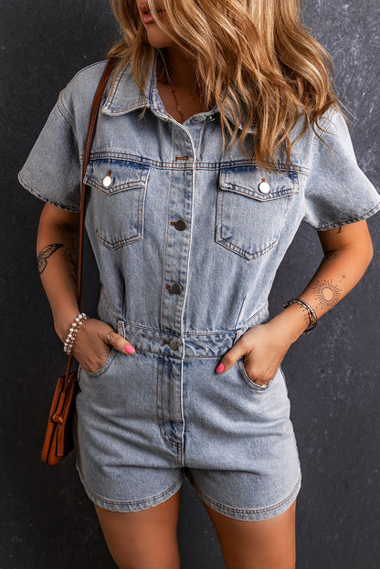 Hellblauer vintage gewassen knoppen Pocket Denim Romper