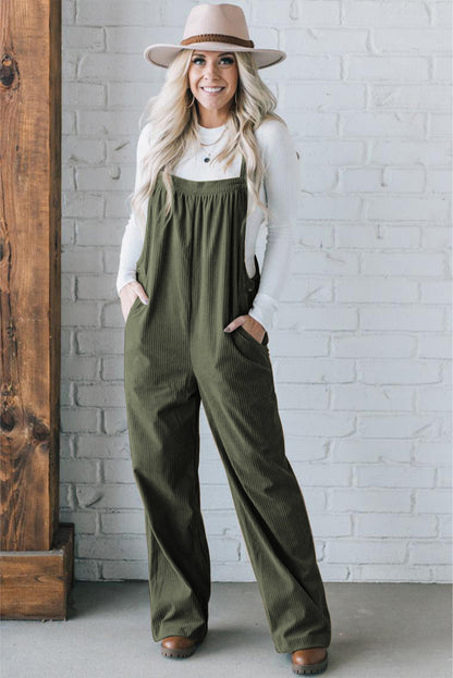 Jungle Green Solid Pocket Loose Fit Kord Over het algemeen