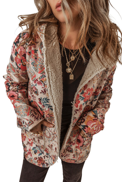 Beige vintage paisley floral gedruckt sherpa gefüttert jacke mit kapuze