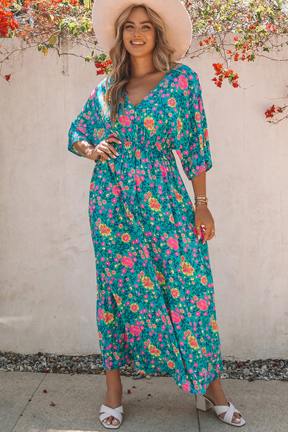 Green Boho Maxikleid met een diep V-hals en bloempatroon