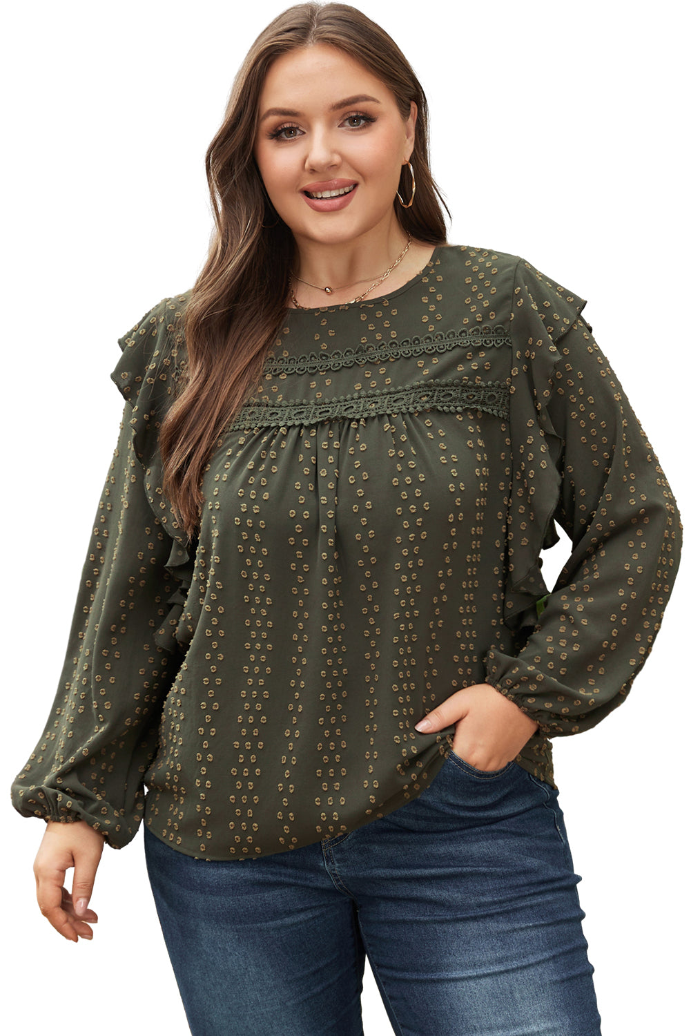 Mist grün plus lace swiss dot ruffle long sleeve top