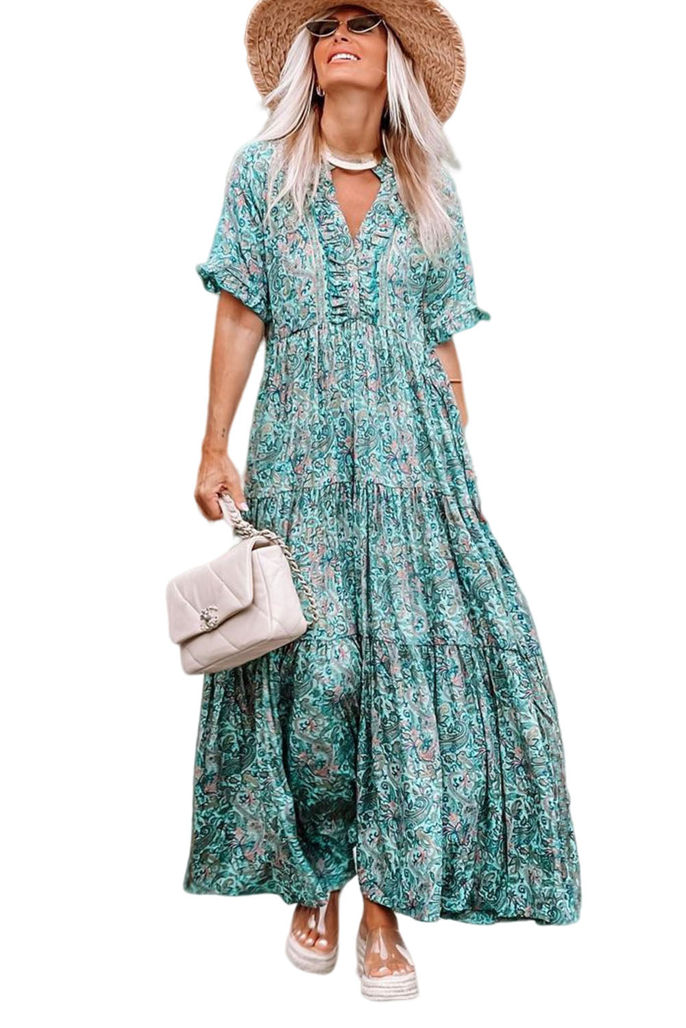 Himmelblaues paisley print boho holiday ruffle tiered maxi dress