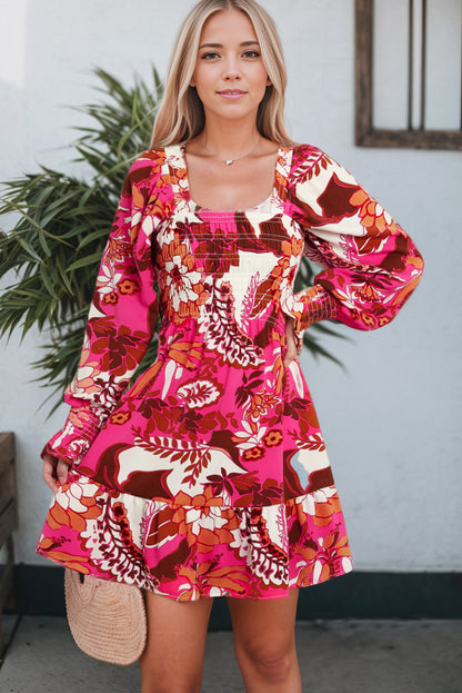 Rose floral print smocked square neck bubble sleeve kleid